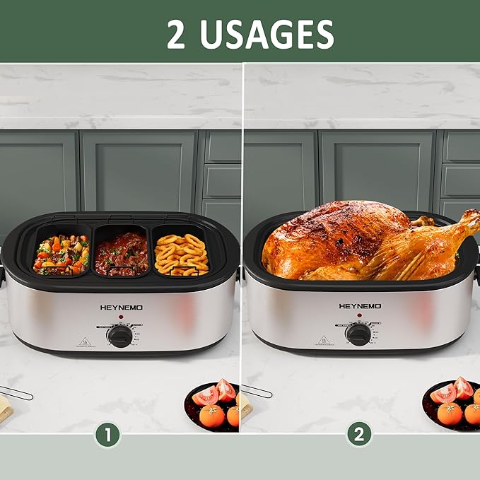 Roaster Oven 24QT, Electric Roaster Pan with 3 Compartments and Self-Basting Lid, Large Stainless Steel Electric Turkey Roaster Oven Defrost Warm Function, Removable Pan Rack, Fits Turkeys Up to 28LB