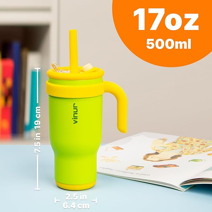 VINUR Insulated Tumbler with Handle 17 oz Stainless Steel Double Wall Vacuum Tumbler Travel Water Cup with Lid and Straw(Apple Green)