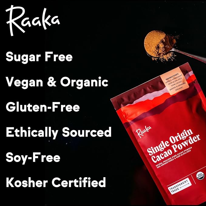 Raaka Chocolate Organic Cacao Powder - Unsweetened, Non-Alkalized, Perfect for Baking, Substitute for Cocoa Powder - Gluten-Free, Soy-Free, Sugar-Free, Allergen-Friendly - 8oz Resealable Bag