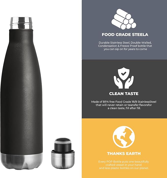 MEWAY 17oz Sport Water Bottle 8 Pack Vacuum Insulated Stainless Steel Leak-Proof Double Wall Cola Shape Water Bottle,Keep Drinks Hot & Cold (Black,8 Pack)