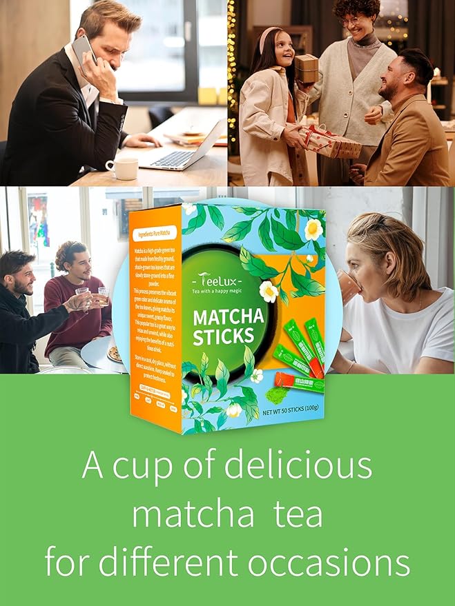 TeeLux Matcha Green Tea Powder, Premium First Harvest Culinary Grade Matcha Single Serve Packets, Unsweetened Matcha Powder Travel Stick Packs, 50 Count