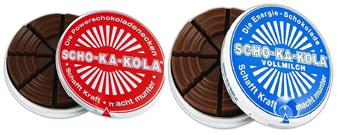Dark Chocolate and Milk Chocolate SCHO-KA-KOLA with natural Caffeine from Cocoa, Cola-Nut-Powder and Coffee 2 tins x 100 g/Germany