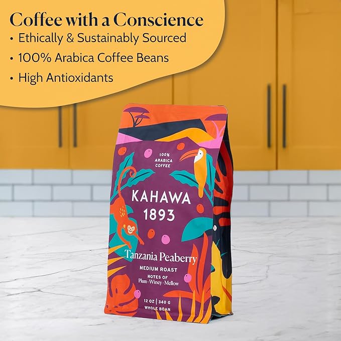Kahawa 1893 Whole Bean Coffee Medium-Roast Tanzania Peaberry Blend 12 Oz - As Seen on Shark Tank, High Antioxidants, Naturally Sweet, Organically Grown, Ethically & Sustainably Sourced