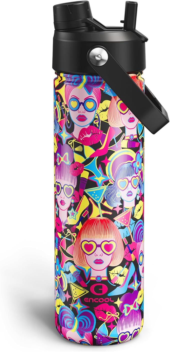 ENCOOL Insulated Water Bottle with Straw Stainless Steel Water Bottle, Leak-Proof, BPA-Free, Double Wall Vacuum Keeps Cold for 24 Hours for Sports, Travel, School (26 oz, Cyan Girl)