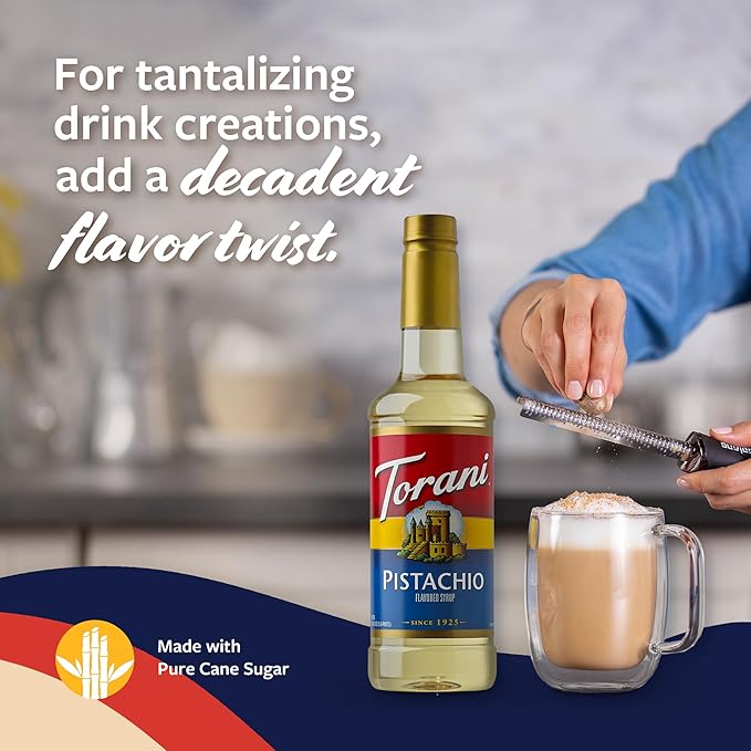 Torani Pistachio Coffee Syrup for Drinks & Desserts, Pump Included, 25.4 Fl Oz