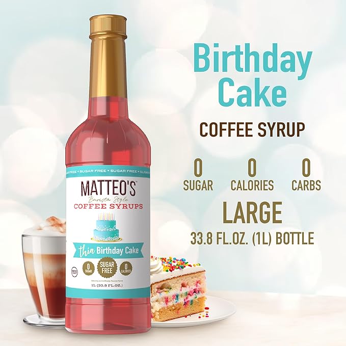 Matteo's Birthday Cake Syrup for Coffee, Lattes, Cappuccinos & Desserts – Sugar-Free Sweetener for Beverages, Keto Friendly, Zero Calories, Indulgent Flavor, Non-Alcoholic, 33.8oz (6pk)