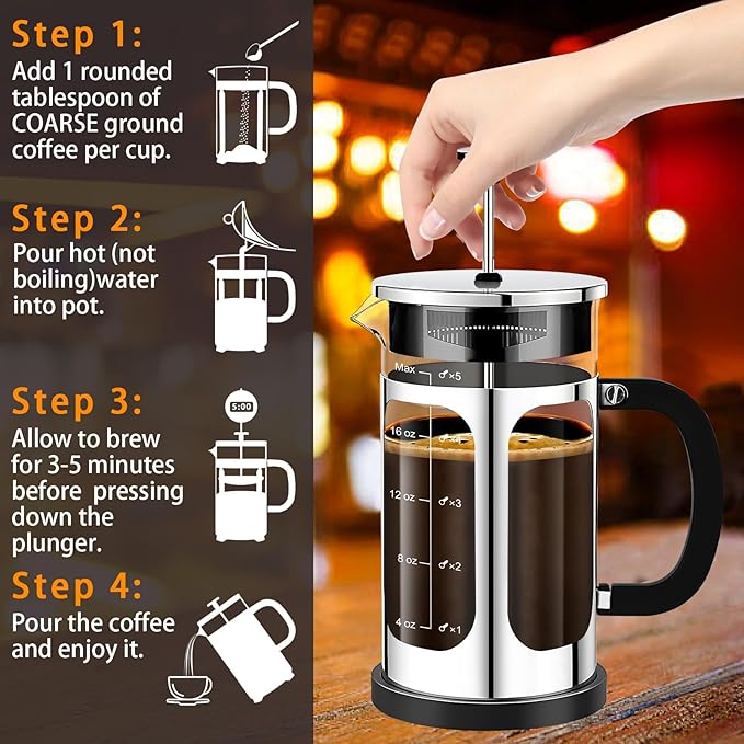 YMMIND French Press Coffee Maker (21oz 600ML 3-4Cup) Coffee Press, with 4 Filters System, Heat Resistant Thickness Borosilicate Glass, Cold Brew Coffee Tea Pot Gifts (Silvery)