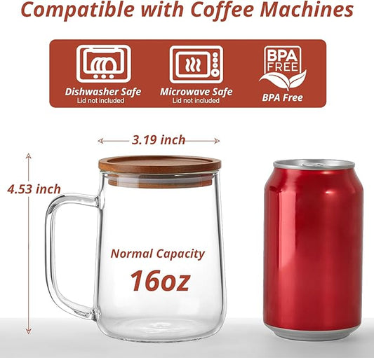 Glass Coffee Mugs, 16 oz Glass Coffee Cups with Acacia Wood Lids, Clear Borosilicate Glass Mugs with Handles for Cappuccino, Tea, Latte, Hot/Cold Beverages, Wine, Americano, Set of 4