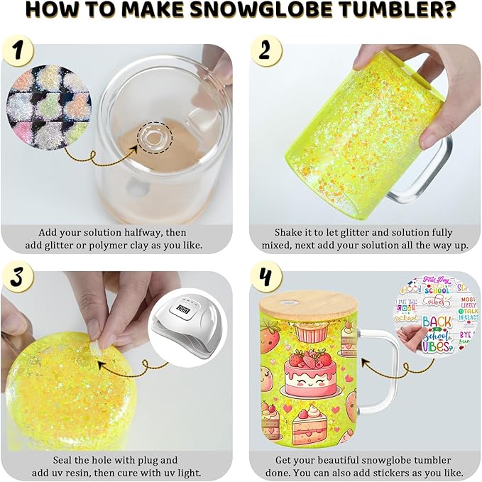 15 Oz Pre-Drilled Glass Snow Globe Tumbler with Handle, 6 Pack Double Wall Snowglobe Cup Coffee Mug For Snow Globe Diy Glitter, Clear
