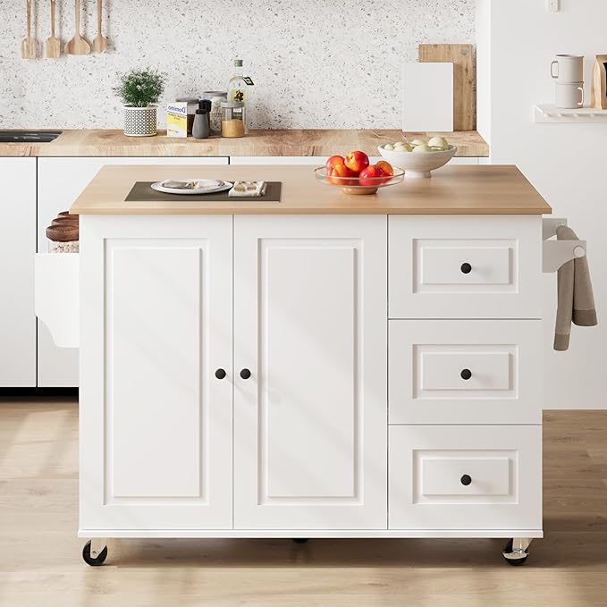 Mobile Kitchen Island with Drop Leaf, Rolling Kitchen Cart with 3 Drawers, Kitchen Storage Cabinet on Wheels, Island Table with Towel and Spice Rack for Dining Room, Living Room, White
