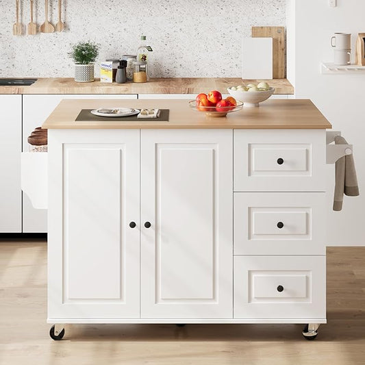 Mobile Kitchen Island with Drop Leaf, Rolling Kitchen Cart with 3 Drawers, Kitchen Storage Cabinet on Wheels, Island Table with Towel and Spice Rack for Dining Room, Living Room, White