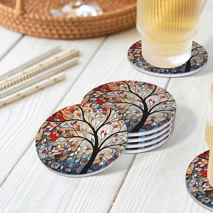 Artistic Tree Pattern Coasters for Drinks Absorbent Round Ceramic Coasters Set of 4 Non-Slip Cup Coaster with Cork Base for Coffee Table Drink Home Decor Tabletop Protection