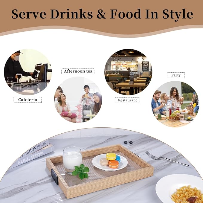 Leather Woven Surface Wooden Service Tray with Metal Handles,14.5inx10.4in Food Drinks Tray for Coffee Table, Breakfast, Dinner & Bar,Kitchen,Party (Leather Surface/Medium Size)