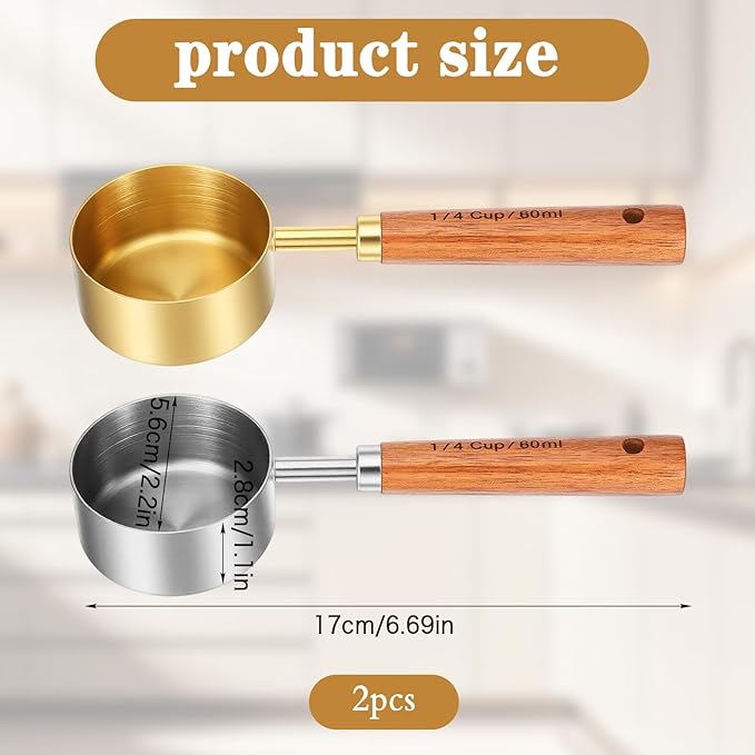 2 PCS Stainless Steel 1/4 Cup Scoop with Wooden Handle, Measuring Cups Metal Measuring Spoons and Cups 60 ML Dog Food Measurings Cup for Coffee, Kitchen, Cooking & Baking, Gold and Silver