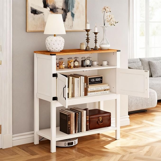 Console Table with Outlets, Farmhouse Coffee Bar Cabinet, 31.5 l x 13.8 D x 35.5 H, Entryway Table with Storage Cabinets for Living Room, Couch, Hallway, Foyer, Kitchen (White)