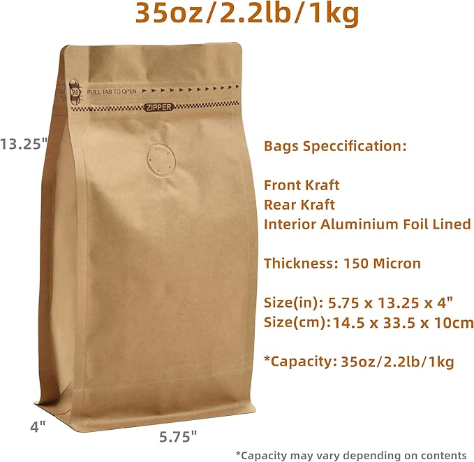 Resealable Kraft Paper Coffee Bags with Degassing Valve, Flat Bottom Side Gusset Stand Up Pouches with Zipper Lock (Pack of 100, Size for 35 oz/1 kg Beans or Ground)
