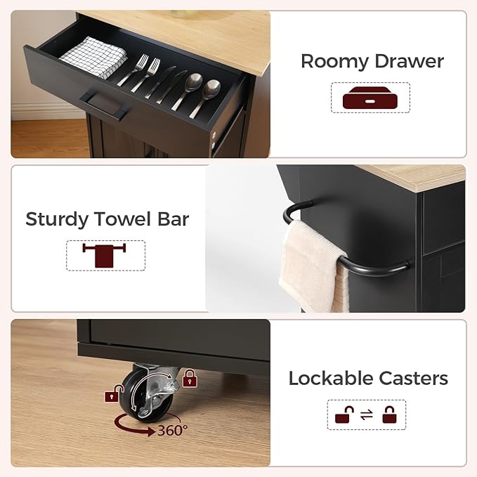 Kitchen Island on Wheels with Drop Leaf, Folding Countertop Kitchen Island Cart, Kitchen Islands Table with Towel Rack, Drawer, for Kitchen, Dining Room, Black and Natural KINB12501