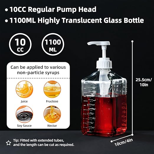 Large Capacity Syrup Dispenser for Coffee Bar, 37oz 1100ml Glass Syrup Bottle w Measuring Cup and Funnel, Dispenser Bottle w Upgraded Pump