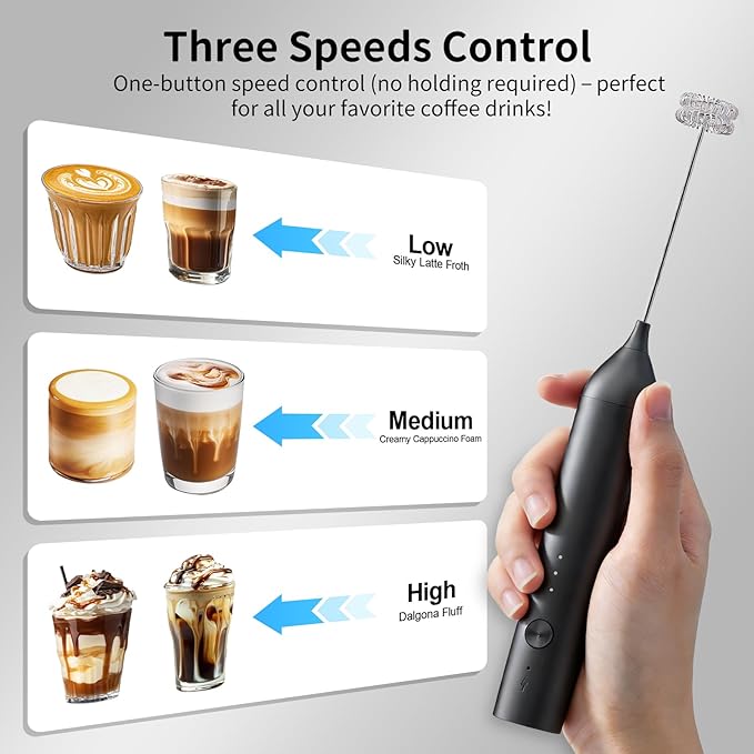 Kitchen Milk Frother Handheld with Stand, 3 Speeds Adjustable Mixer Electric Handheld Frother Wand, Hand Mixer Matcha Whisk Coffee Stirrers for Matcha, Hot Chocolate, Egg, Lattes - Black