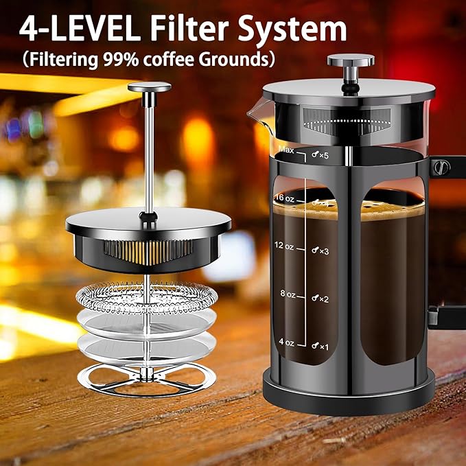 YMMIND French Press Coffee Maker (21oz 600ML 3-4Cup) Coffee Press, with 4 Filters System, Heat Resistant Thickness Borosilicate Glass, Cold Brew Coffee Tea Pot Gifts (Bright Black)