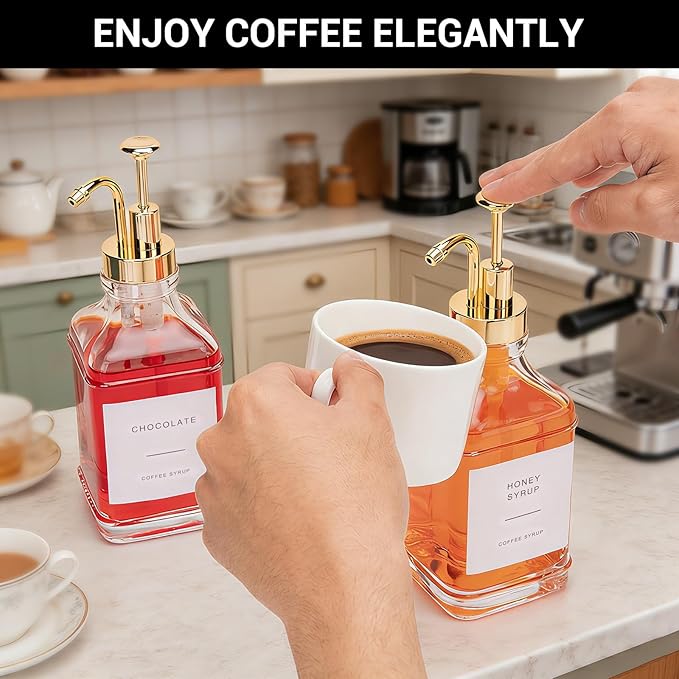 Coffee Syrup Dispenser, Set of 4 Glass Coffee Syrup Bottles 500 ml/16.9 fl oz, Coffee Dispenser with Pump, Includes Funnel and Labels for Coffee Bar (Gold)