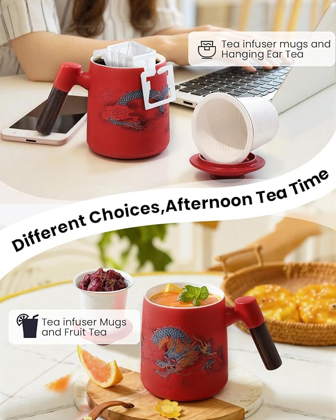 Porcelain Tea Cup with Infuser and Lid,Ceramic Tea Mug for Loose Leaf,Tea Strainer Cup with Wood Handle,Chinese Dragon Red Cup,All Ceramic Infuser,BPA-Free for Tea Lovers/Birthday/Valentine's Day