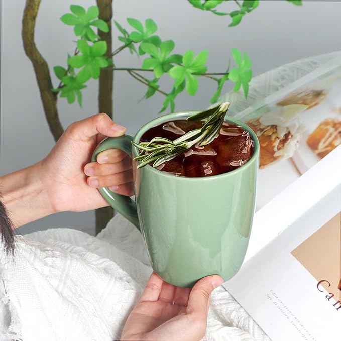 Smilatte 20 OZ Large Coffee Mug, Nice Ceramic Boss Tea Cup with Big Handle for Dad Men Women, Unique Style For Any Kitchen, Pure Green