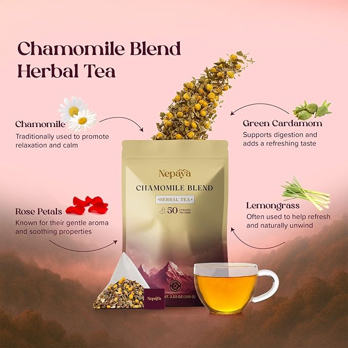 Nepaya Chamomile Herbal Tea Bags – 50 Count Pyramid Bags, Himalayan Chamomile & Lemongrass Blend, Biodegradable, Caffeine-Free Sleep Tea for Relaxation and Bedtime Calm from Nepal