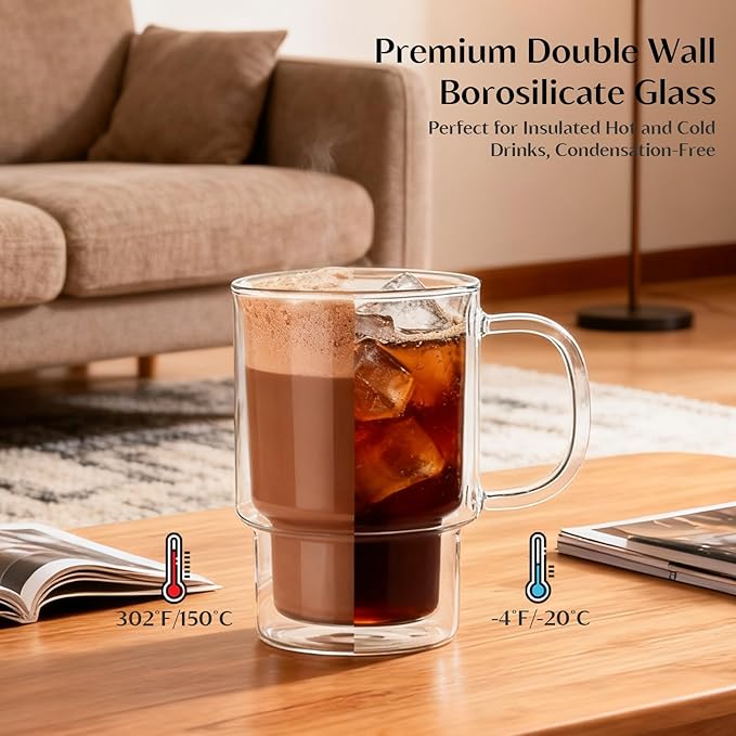 INSETLAN 16oz Double Wall Glass Coffee Mugs Set of 2, Insulated Borosilicate Cups with Handles, Clear Heat Resistant Glasses Mugs for Hot Beverages, Cappuccino, Espresso, Latte, Tea