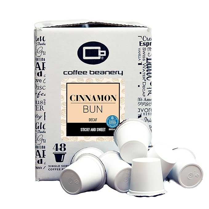 Cinnamon Bun Decaf Coffee Pods by Coffee Beanery | 48ct Bulk Flavored Decaf Coffee Pods Medium Roast Coffee Pods| 100% Specialty Arabica Coffee| Gourmet Coffee Pods