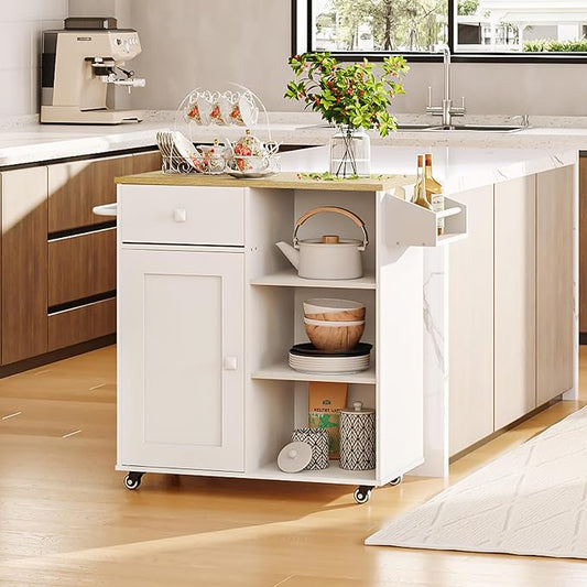 HOOBRO Kitchen Island, Storage Cabinet with Drawer, Kitchen Cart with Spice and Towel Rack, Saving Space, Easy Assembly, for Living Room, White and Natural WN12ZD01