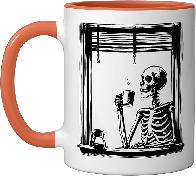 Skeleton Drinking Coffee - Minimalist Graphic Coffee Lover Ceramic Mug, Orange/White
