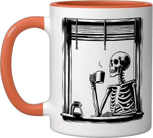 Skeleton Drinking Coffee - Minimalist Graphic Coffee Lover Ceramic Mug, Orange/White