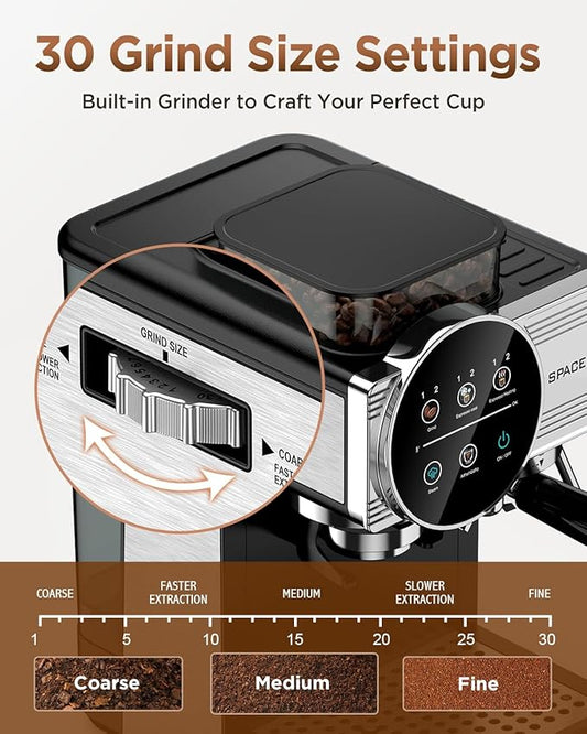 Spacekey Espresso Machine with Grinder - 20 Bar All-in-One Coffee Maker with Milk Steam Wand/Frother, Cold Brew, 30 Grind Settings, 60oz Removable Tank - Home Barista Kit for Lattes, Cappuccinos