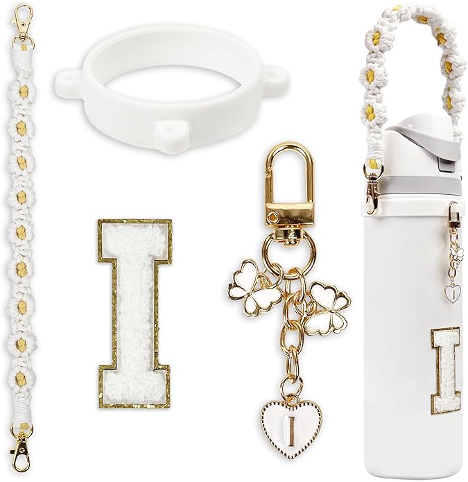 Compatible with Owala Water Bottle Accessories, Cute Letter Charm Set with Boho Handle Strap, Monogram Sticker, Silicone Ring, Keychain Decoration, for FreeSip 24 32 40oz, Owala Kids, Tumbler Gift
