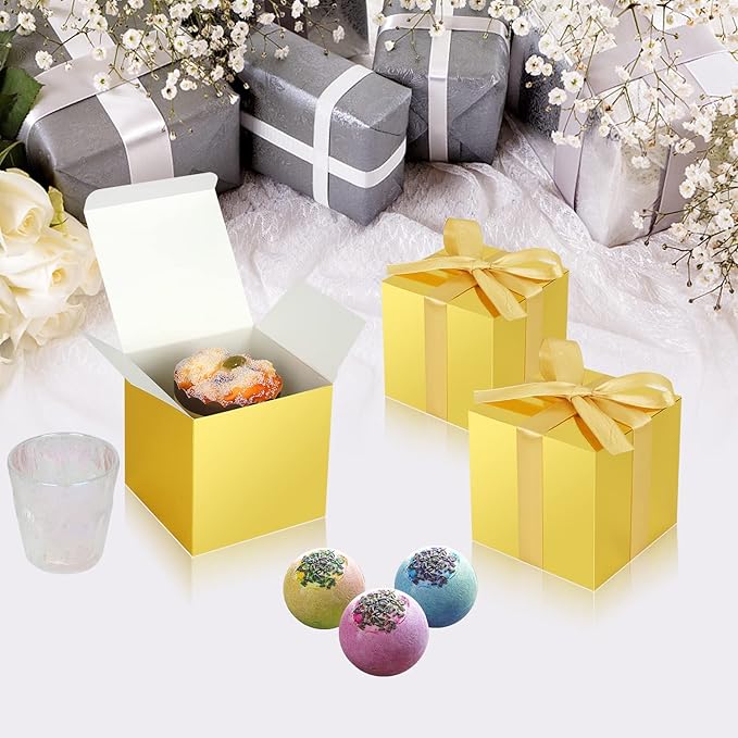 50 Pack Small Gift Boxes, 3x3x3 Favor Boxes Gold Paper Gift Boxes with Lids for Presents, Crafting, Cupcake Boxes, Gifts, Candy Boxes for Wedding Party Bridal Shower Baby Shower Favors