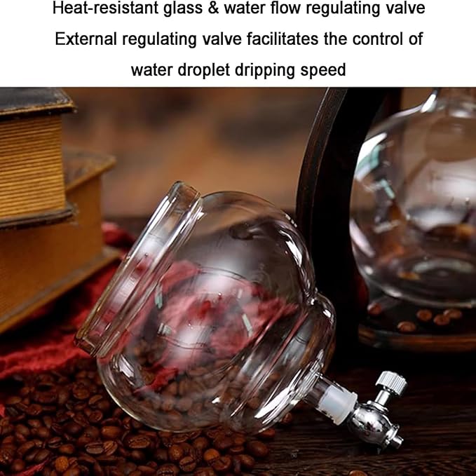 Cold Brew Drip Tower - 600ml Ice Coffee Maker with Double Valve, Wooden Stand & Slow Drip Technology - Perfect for Home & Office Brewed Coffee Lovers