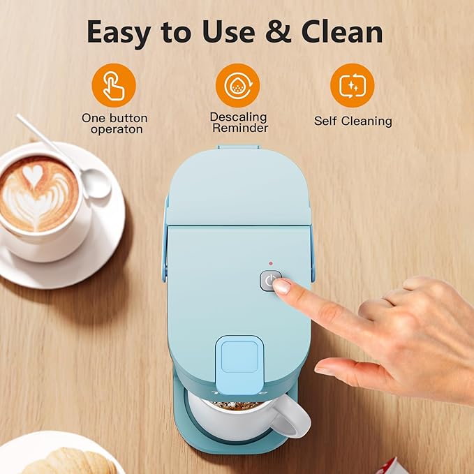 Tastyle Single Serve One Cup Coffee Maker, for K Cups and Grounds, Mini Coffee Maker with Portable Handle, 6 to 12 Oz Brew Size, for Travel, Camping, Office, RV and Dorm, 120V, Aqua