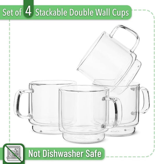 BTaT- Double Walled Stackable Glass Coffee Mugs, 8 oz, Set of 4, Glass Coffee Cups with Handle, Insulated Clear Coffee Mug for Hot and Cold Beverages, Cappuccino, Latte, Tea, Americano