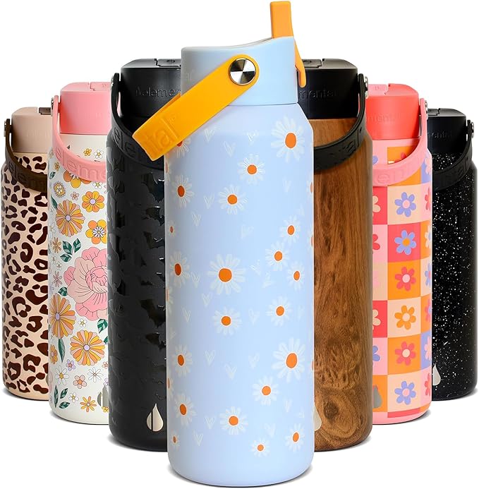 Elemental 40oz Insulated Water Bottle with Straw - 100% Leak-Proof Stainless Steel Core Water Bottles for Travel, Sports and Gym - Double Wall Insulation & BPA Free - Daisy Daydream