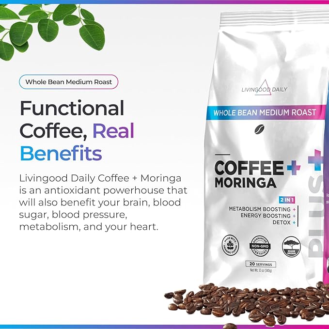 Livingood Daily Coffee with Moringa, Whole Bean Medium Roast Coffee with Plant Based Ingredients for Morning Energy, Made with Moringa Powder, Organic, Non GMO, Vegan, Gluten Free, 20 Srvgs, 12 oz Bag