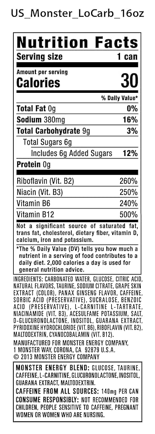 Monster Energy, Lo-Carb Monster, Low Carb Energy Drink, 16 Ounce | Pack of 15
