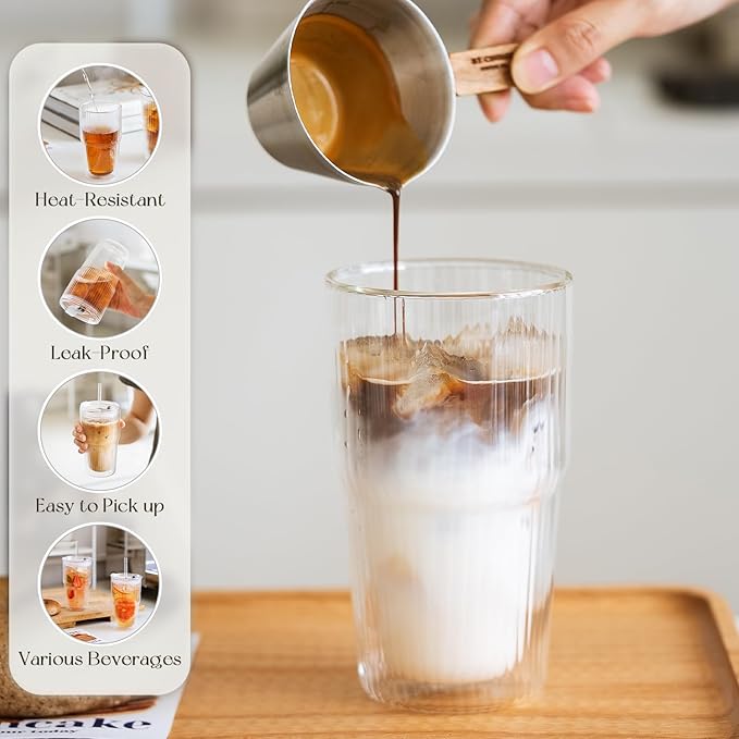 KEMORELA Iced Coffee Cups 16oz Ribbed Double Wall Glass Cups 2PCS, Coffee Bar Accessories，Insulated Borosilicate Glass Tumblers, To Go Coffee Cups, Spill proof tumbler,tumblers & water glasses