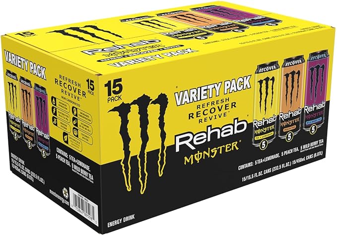 Monster Energy Rehab LPWBT, Variety Pack, Energy Iced Tea, 15.5 Ounce | Pack of 15
