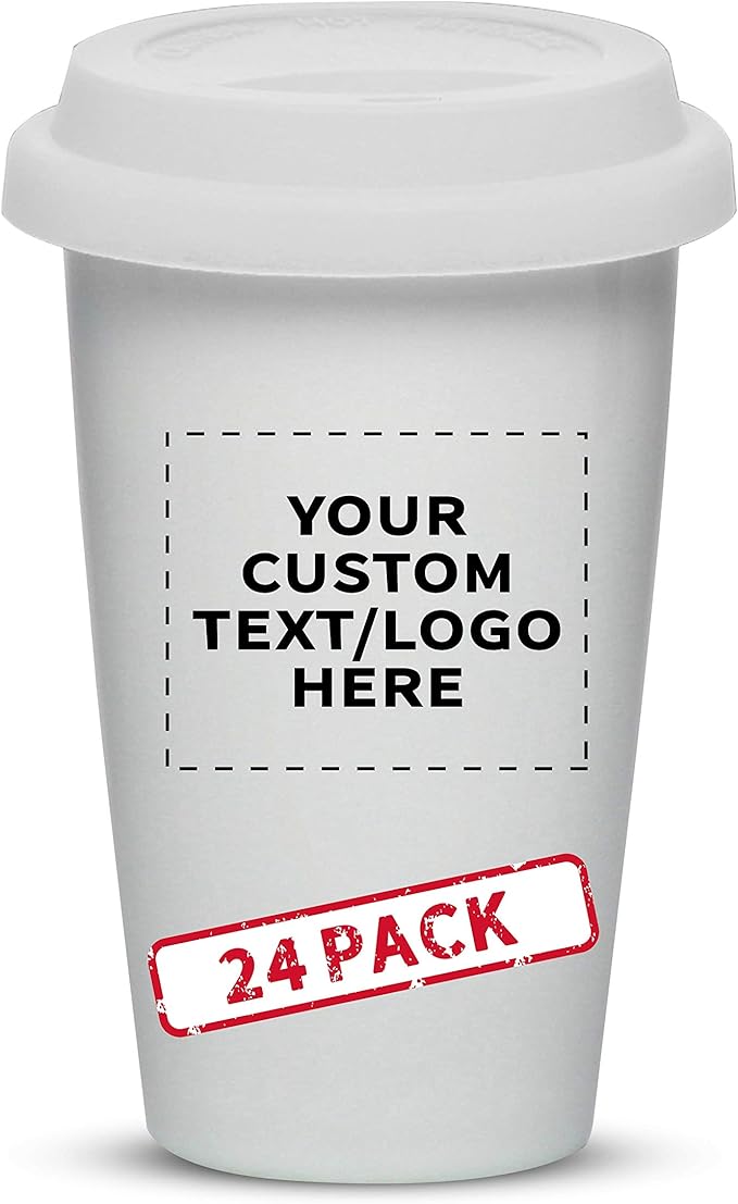 Personalized 11 oz. Double Wall Ceramic Tumblers with Lid - 24 Pack - Custom Text, Logo - White