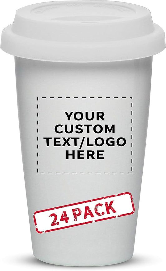 Personalized 11 oz. Double Wall Ceramic Tumblers with Lid - 24 Pack - Custom Text, Logo - White