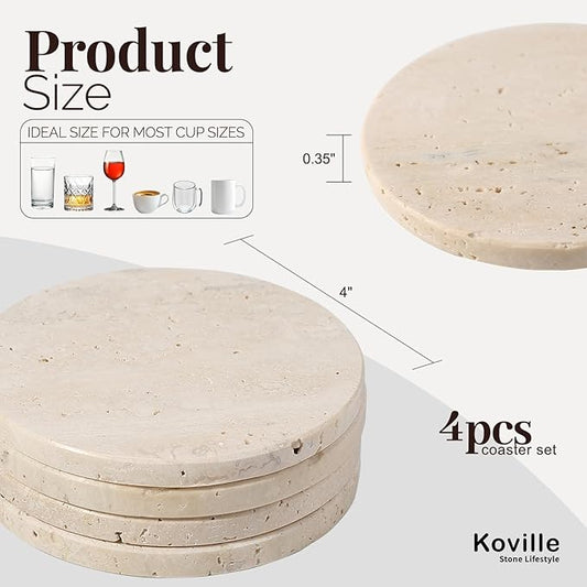 Koville Travertine Coasters, Marble Coaster Set of 4 for Drinks, 4" Round Stone Coasters Set Heat Resistant, Decorative Modern Cup Coaster for Coffee Table Home Bar Decor, Unique Gift Choice(Beige)