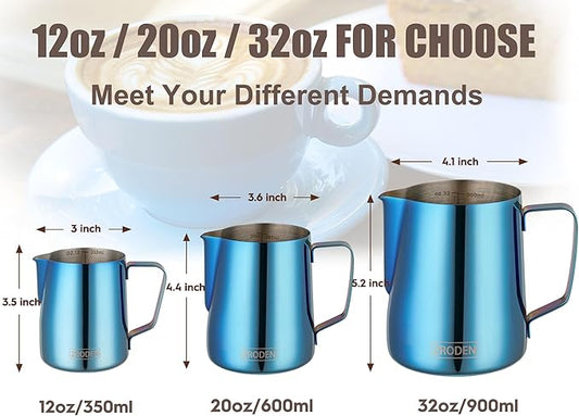 Milk Frothing Pitcher, 32oz Espresso Steaming Pitchers Stainless Steel Cappuccino Coffee Machine Accessories Barista Tools Steam Froth Pitchers Milk Jug Cup with Decorating Pen Latte Art, Blue