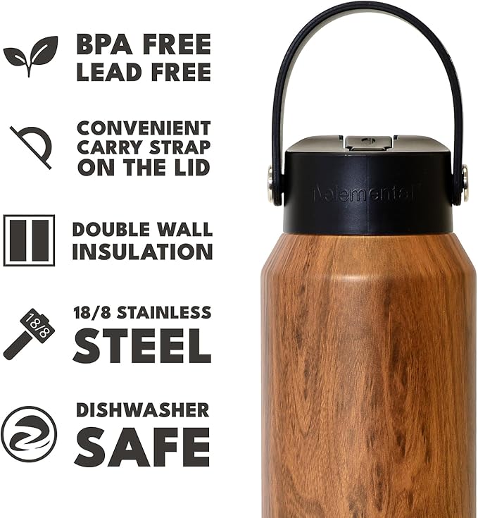 Elemental 40oz Insulated Water Bottle with Straw - 100% Leak-Proof Stainless Steel Core Water Bottles for Travel, Sports and Gym - Double Wall Insulation & BPA Free - Teak Wood
