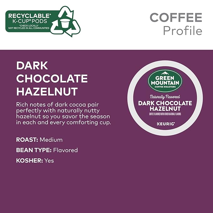 Green Mountain Coffee Roasters Dark Chocolate Hazelnut Coffee, Keurig Single Serve K-Cup Pods, 72 Count (6 Packs of 12)